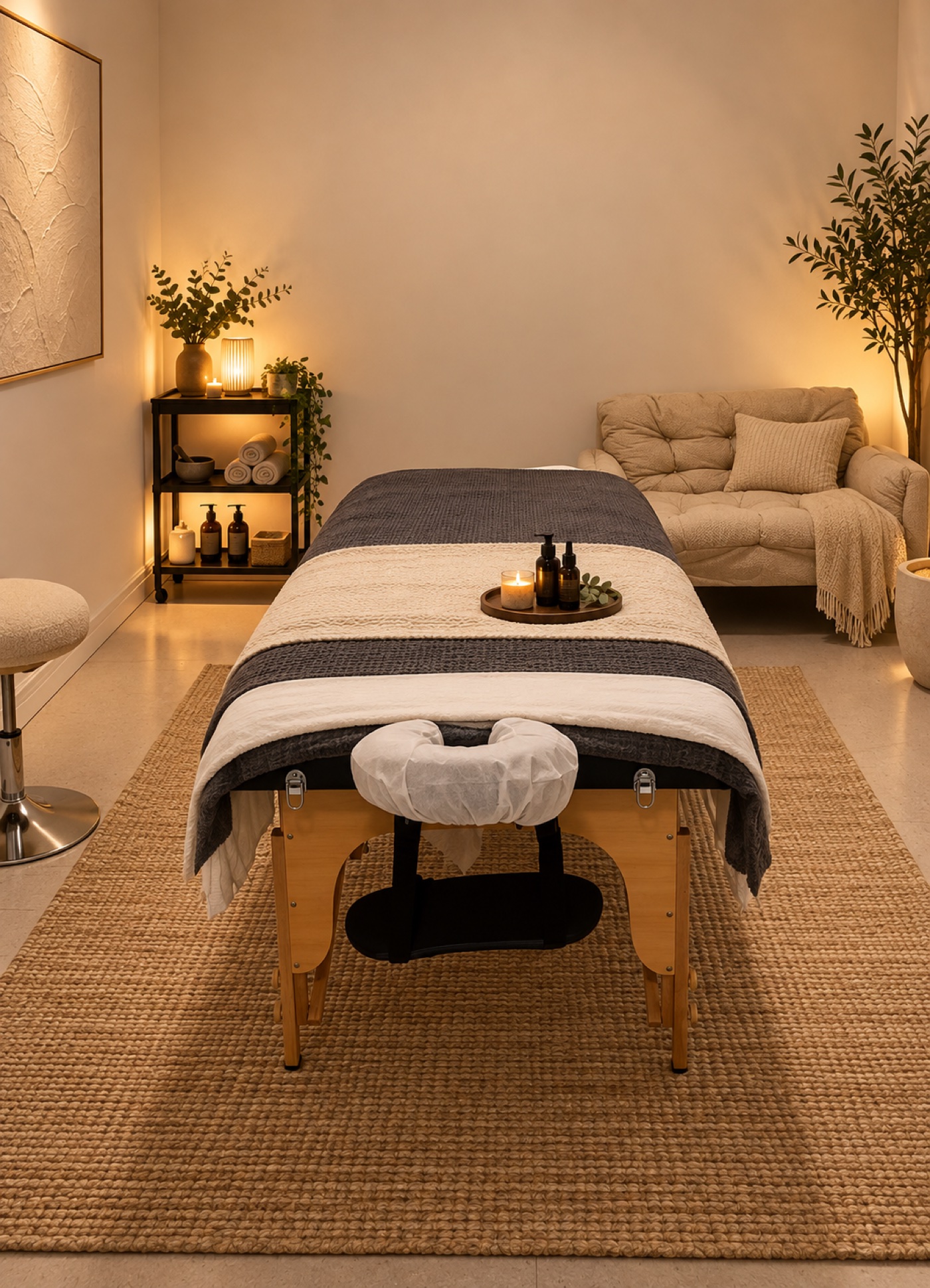 Warm treatment room with a massage table and soft lighting