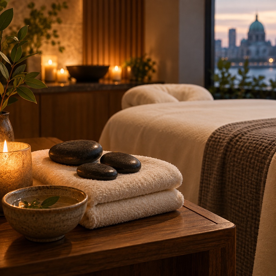 Hot stone massage with smooth basalt stones and warm towels