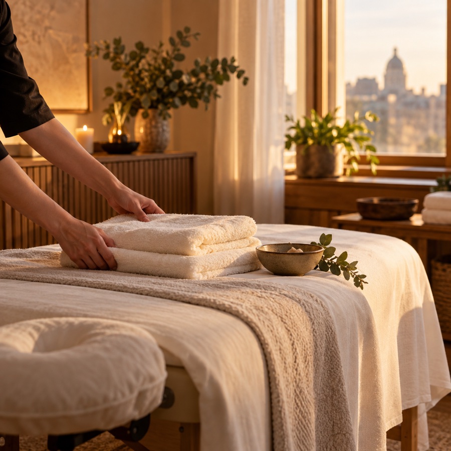 Relaxation massage with warm towels and a calm treatment room