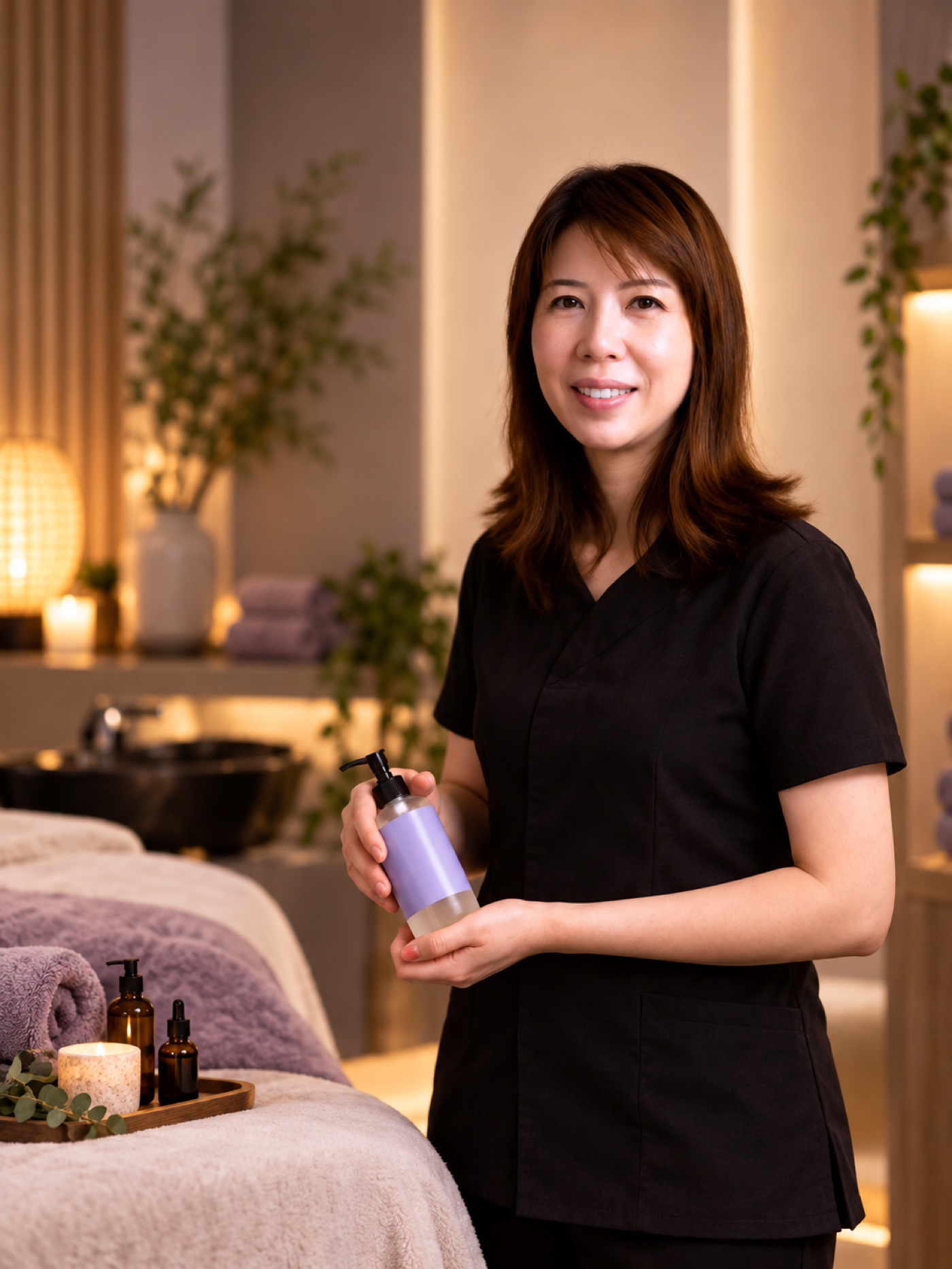 Massage therapist preparing products in a softly lit room